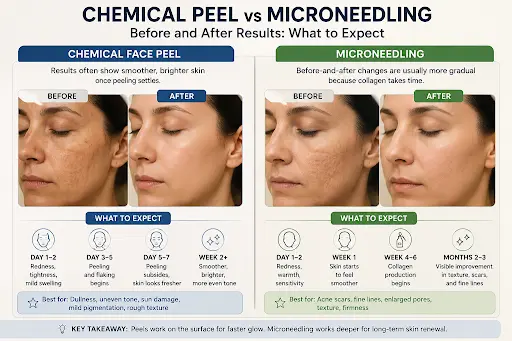 Chemical Peel vs Microneedling Before and After results guide by Alpha Med Spa Brampton, comparing skin peeling, collagen renewal, texture, scars, and pigmentation improvement timelines.