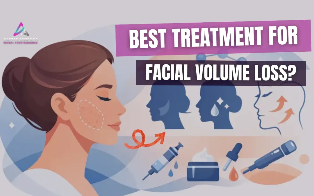 Best Treatment for Facial Volume Loss by Alpha Med Spa Brampton, showing an educational graphic about facial rejuvenation, volume restoration, and aesthetic treatment options.
