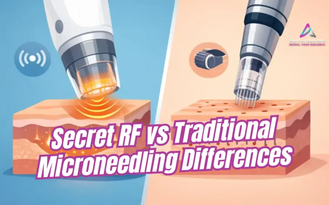 Secret RF vs Traditional Microneedling Differences by Alpha Med Spa Brampton, showing an educational skincare graphic comparing Secret RF technology with traditional microneedling treatment methods.